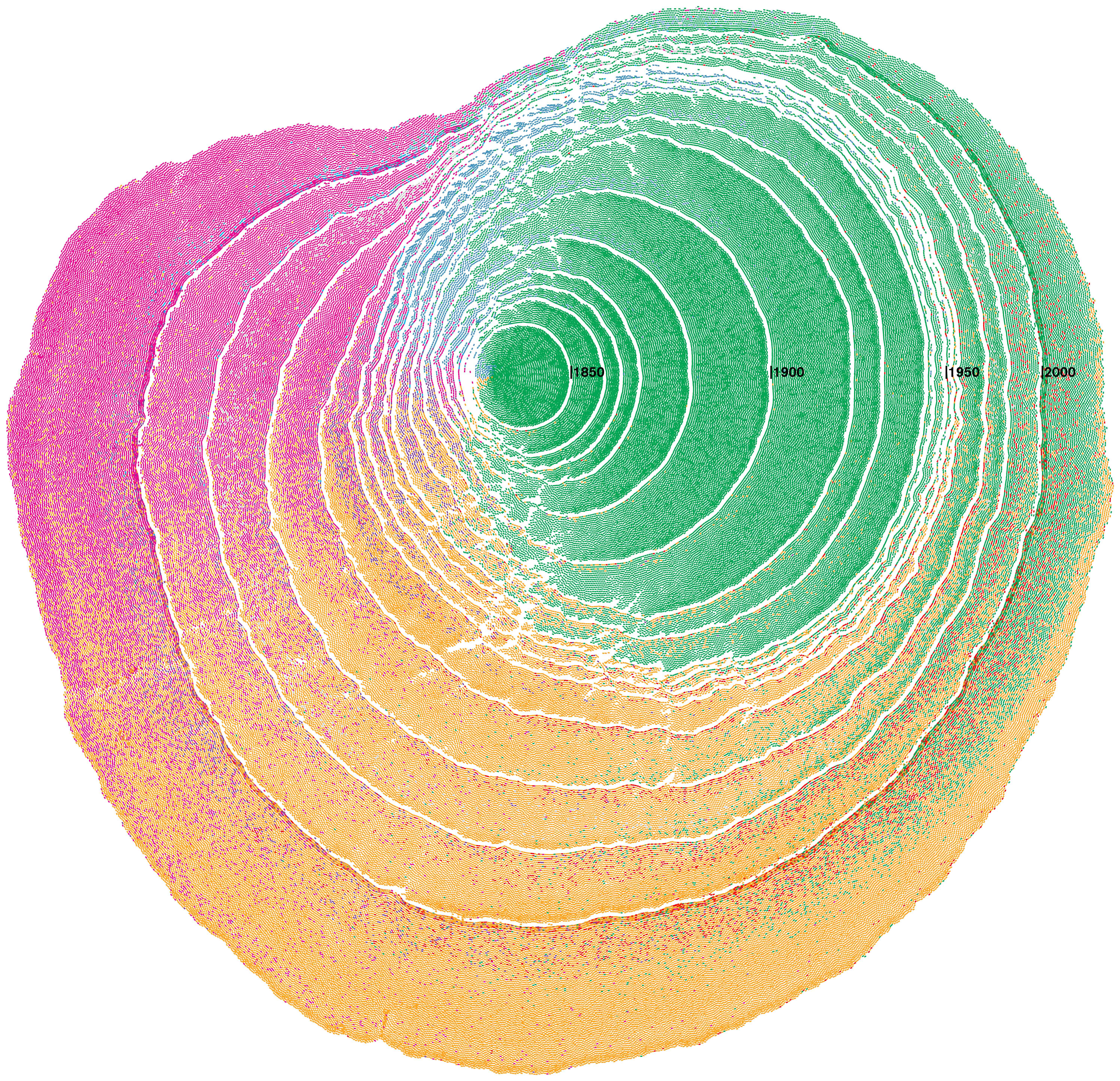 Immigration patterns to the United States visualized as tree rings.